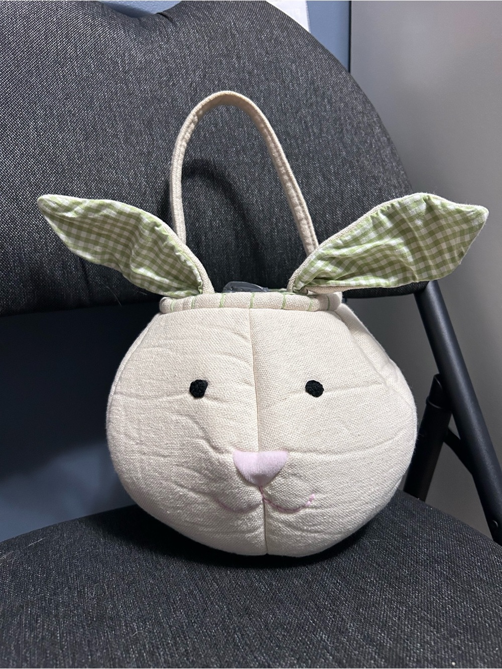 Pottery Barn Kids Cream Bunny Basket with Green Gingham Ears